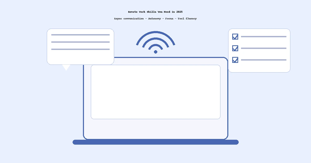 Laptop with Wi-Fi, chat and checklist icons representing remote work skills