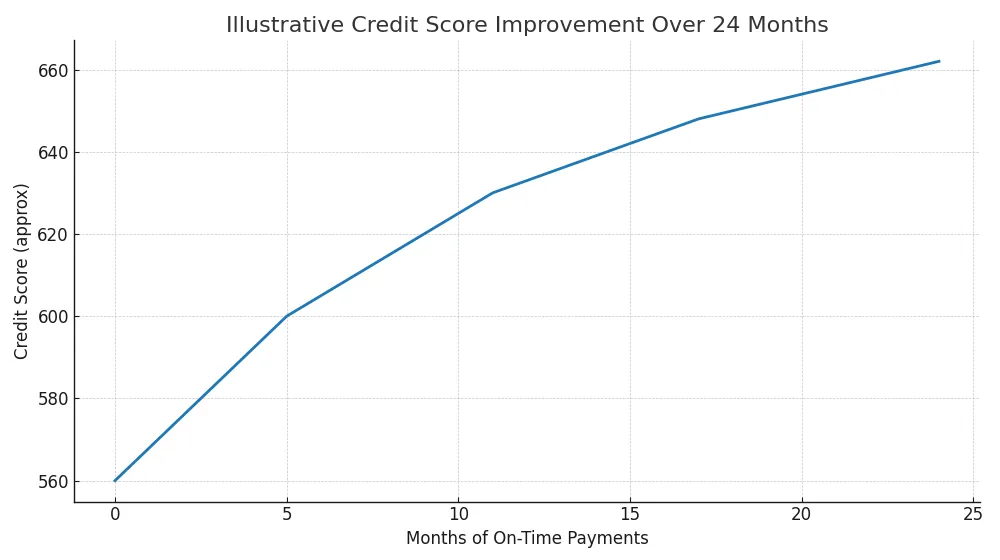 Line chart showing credit score improvement over 24 months of on-time payments