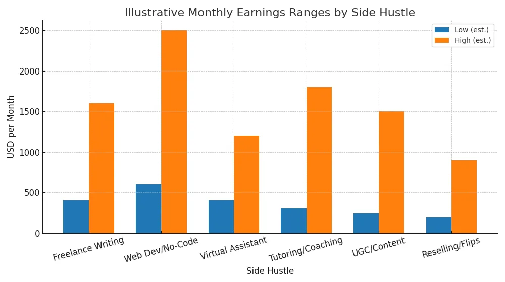 Bar chart comparing estimated monthly earnings for different side hustles