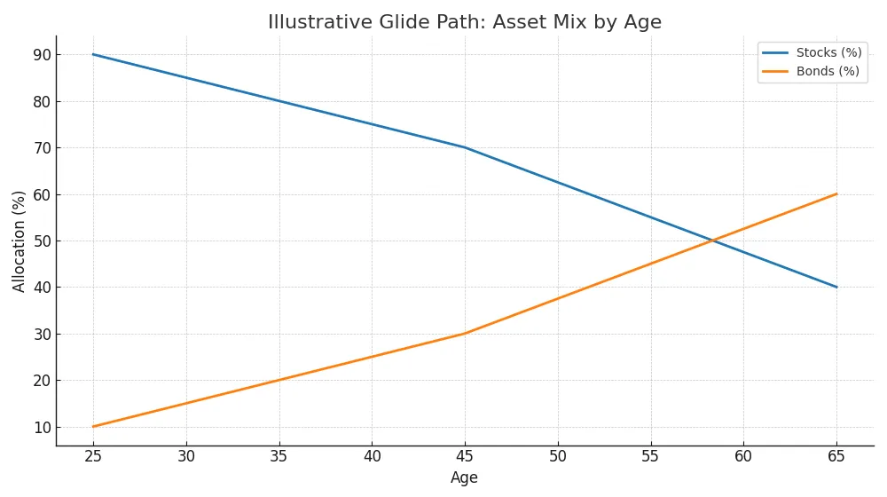 Line chart showing an illustrative stock and bond allocation glide path by age