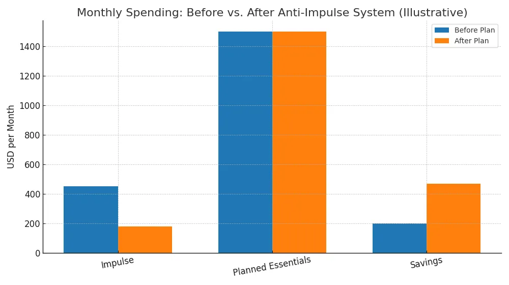 Bar chart comparing monthly impulse, planned, and savings amounts before and after an anti-impulse plan