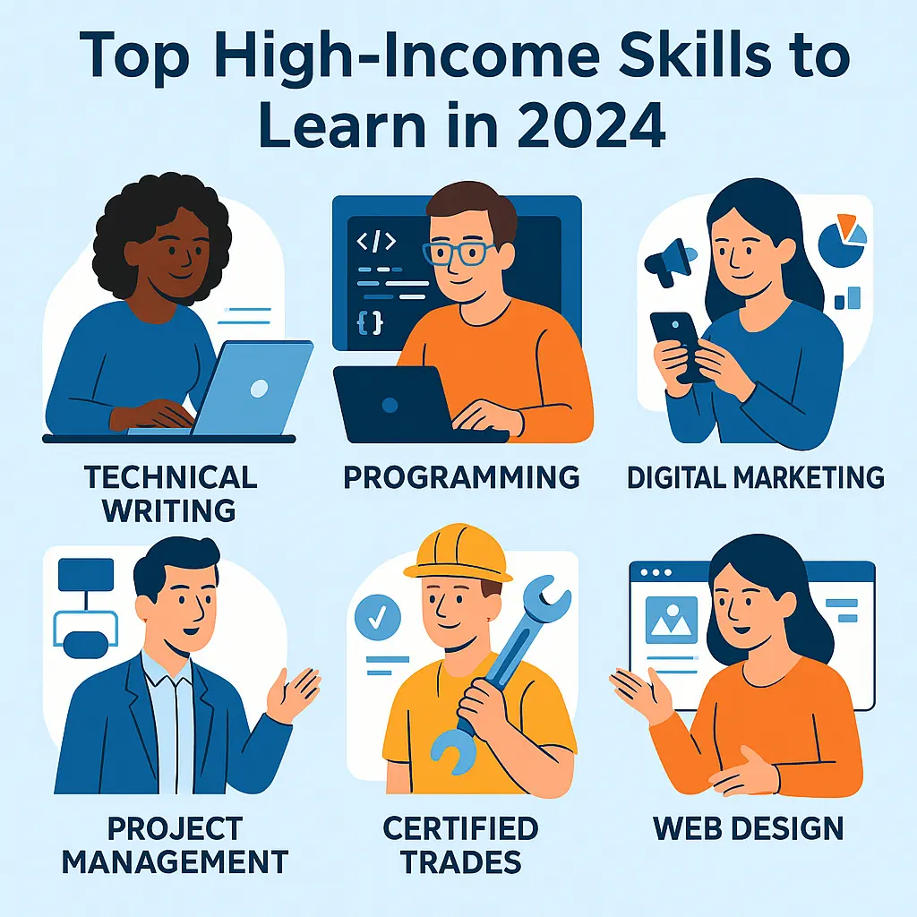 Infographic of high-income skills like programming, digital marketing, technical writing, project management, trades, and web design
