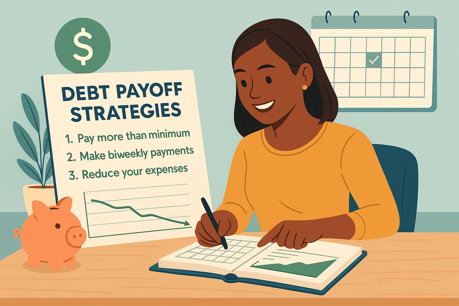 Debt payoff plan illustration with checklist, coins, and progress bar