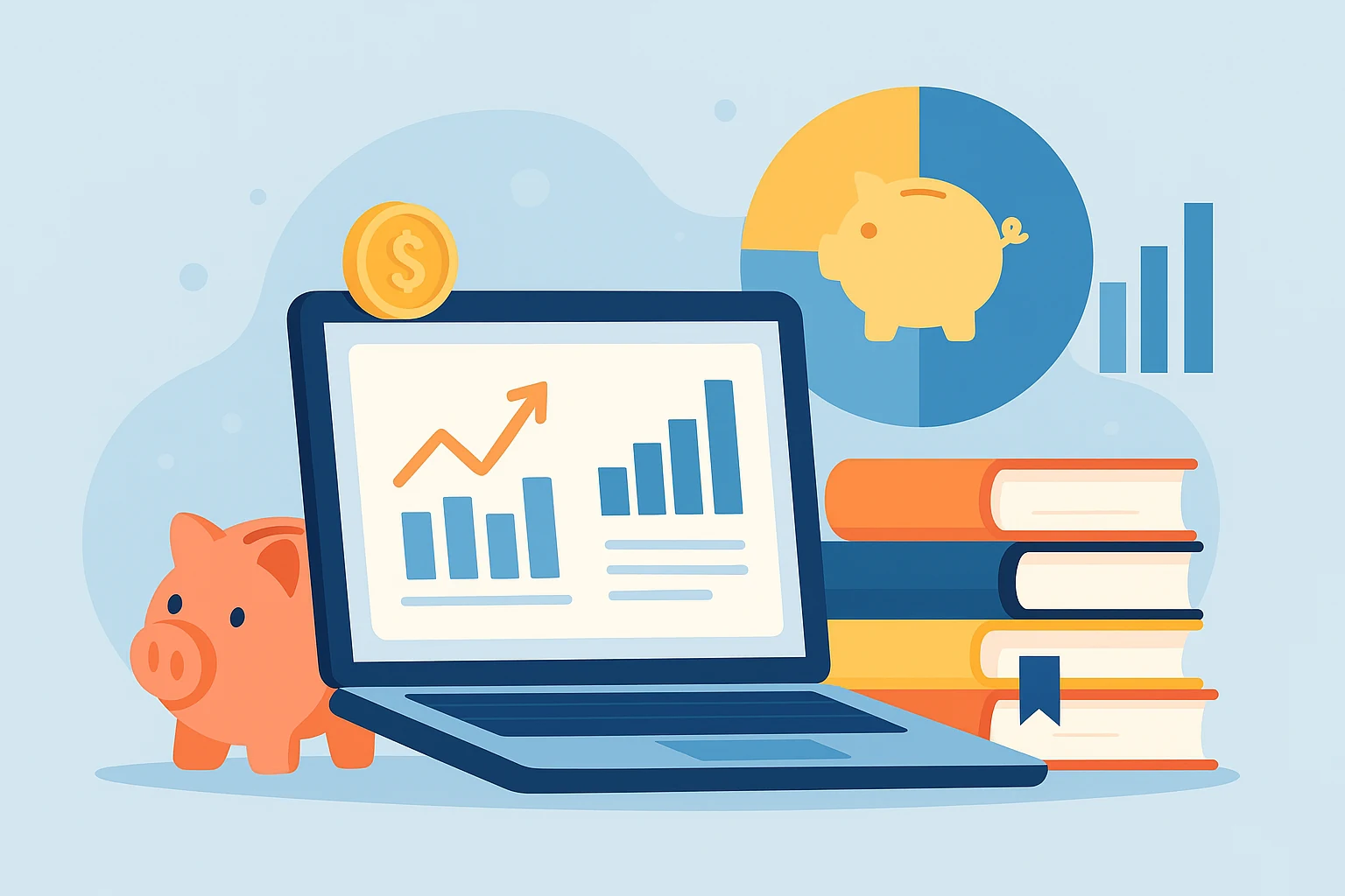 Laptop with finance charts next to a piggy bank and stack of books representing free learning resources