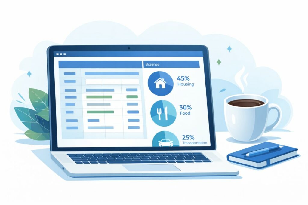 Budget planner on laptop screen showing expense categories with pie charts
