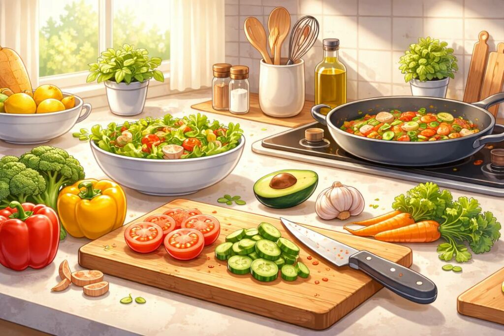 Fresh vegetables and cooking utensils on kitchen counter for home meal preparation