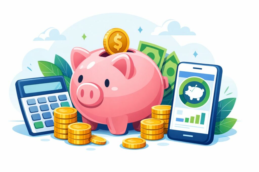 Person saving money with piggy bank, calculator and smartphone showing savings app